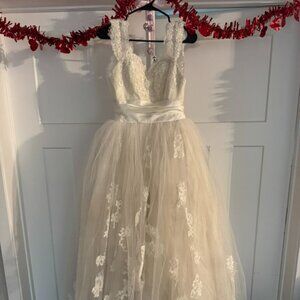 Vintage Lace Tulle Tea Length Wedding Dress Boho Romantic Bridal Gown Ivory